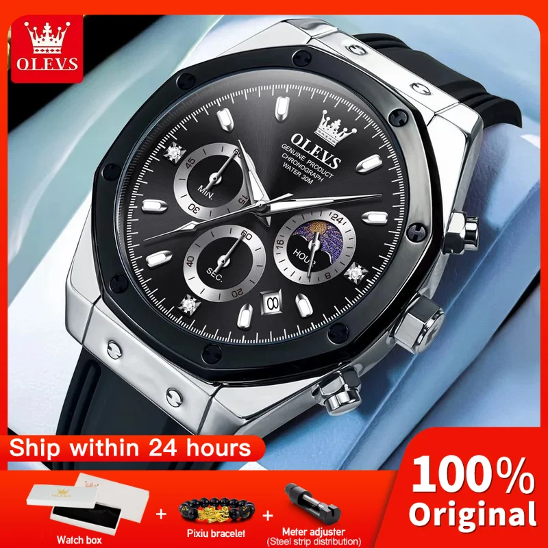 

OLEVS 9911 Mens Watch Original Quartz Watch Waterproof Watch For Man Moon Phase Silicone Strap Multifunctional Chronograph Watch