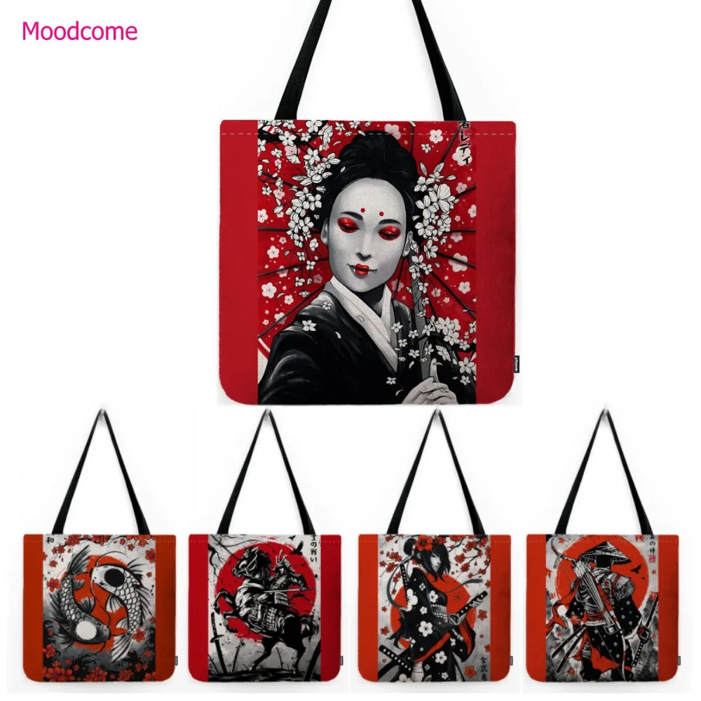 Red Japanese Culture Element Geisha Samurai Judo Spirit Asian Cultural Express Water Resistant Linen Shoulder Bag Book Tote Bag