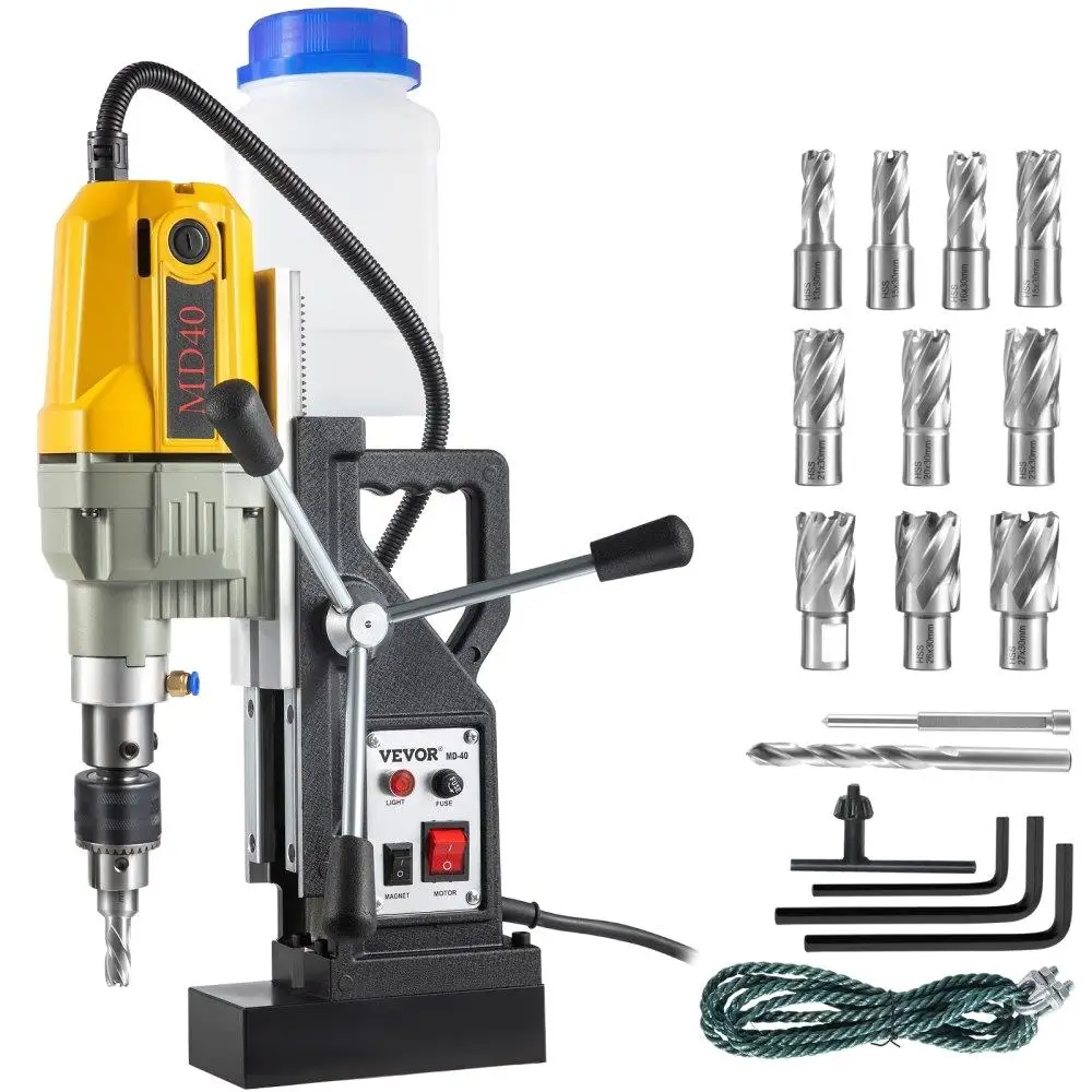 

Magnetic Drill Press 1100W 1.57 Inch Boring Diameter 2697lbf Portable Electric Mag Drill with 12 Bits 580 RPM Max Speed for Home