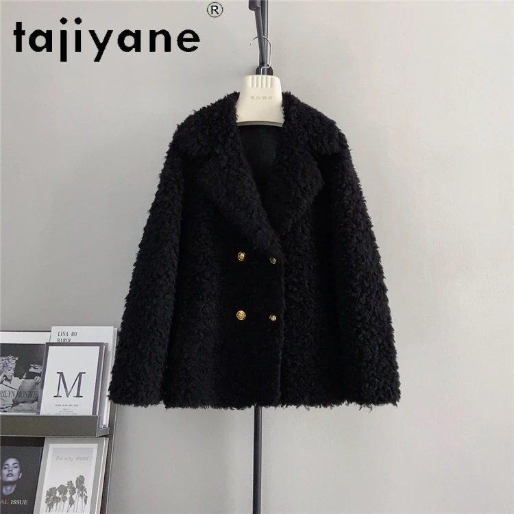 Tajiyane-Jaqueta feminina tosquia de ovelha com decote em v, casacos estilo coreano com gola, 100% lã, moda outono/inverno, 2024