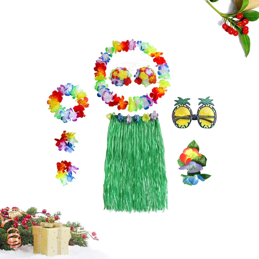 

8 шт., комплект гавайских костюмов хула, юбка с тропической травой, 60 см, эластичная резинка на талии, красочные браслеты, бюстгальтер, повязка на голову, заколка для волос с цветком, очки