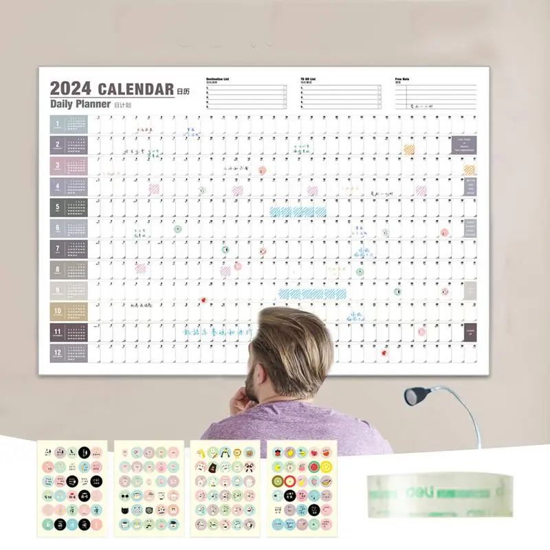 2024โปสเตอร์365ปฏิทินปีเต็มปฏิทินหน้าโปสเตอร์สำหรับงานผนังศึกษาการวางแผนผนังบ้าน2024วางแผนรายปี
