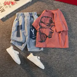 Baby Summer Clothes Kids Boys Cartoon Short Sleeved T-shirt+Denim Shorts 2pce Children Outfit Set Korean Children's Clothes 2026