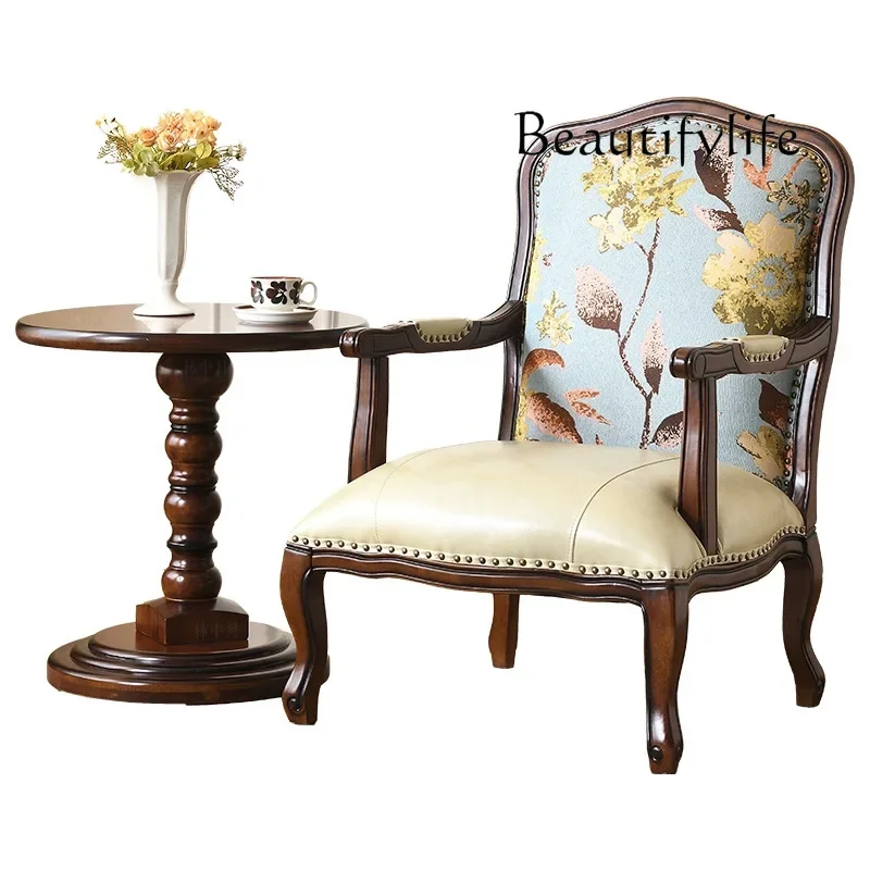 

American single sofa small apartment bedroom sofa chair solid wood leather seat bag living room leisure chair