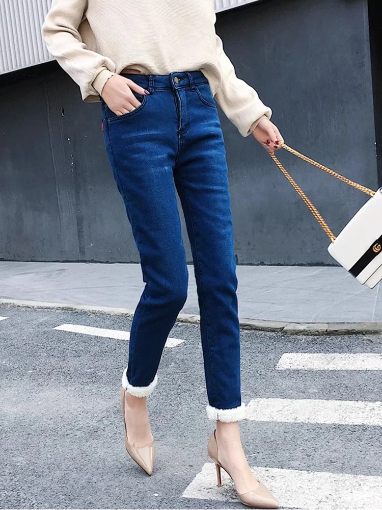 Winter Fleece Lined Denim Pencil Pants Women Thicken Warm Lamb Fluff Jeans High Waist New Slim Vaqueros Big Size 34 Kot Pantolon