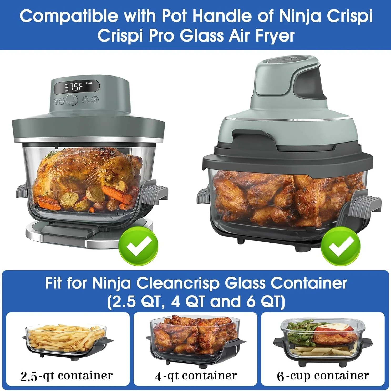 2pcs Silicone Handle Covers for Ninja Crispi Air Fryer Heat-Resistant Burn Protection for 2.5/4/6QT Glass Containers Accessories
