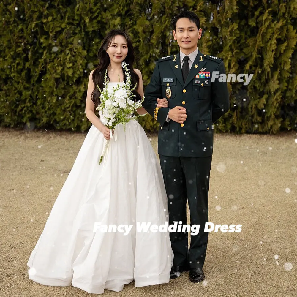 

Fancy Princess Strapless Korea Wedding Dress A Line Taffeta Evening Party Dresses Removable Puff Sleeves Back Corset Customized