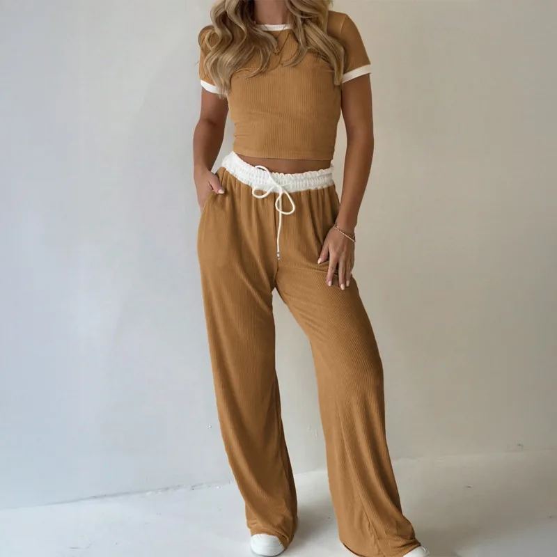 

Повседневная отпускная футболка с короткими рукавами, прямой брючный костюм для женщин