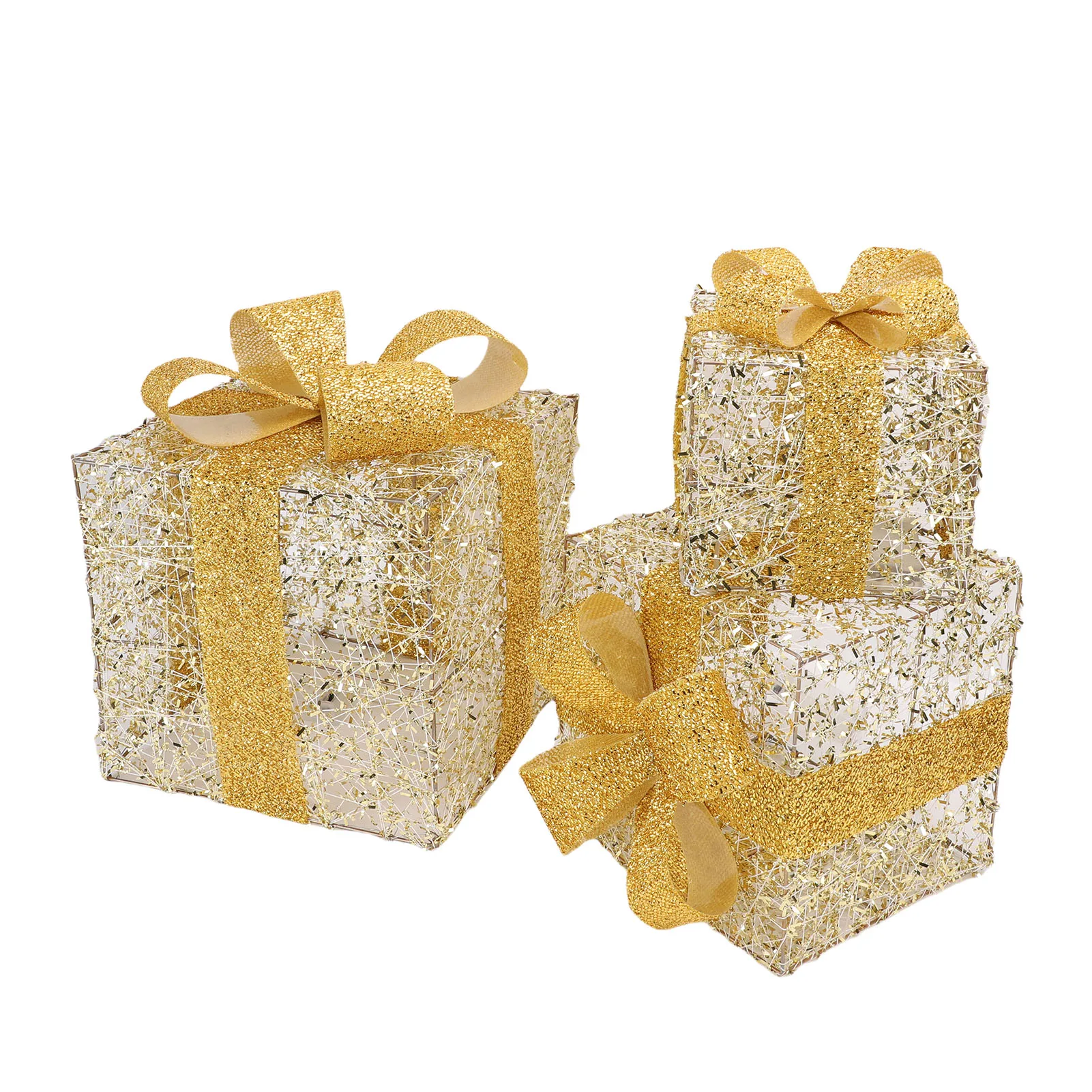 

3PCS Gold Xmas Lighted Gift Box Set, Iron Light-Up Present Boxes - Xmas Tree Skirt Ornaments for Home Holiday Party