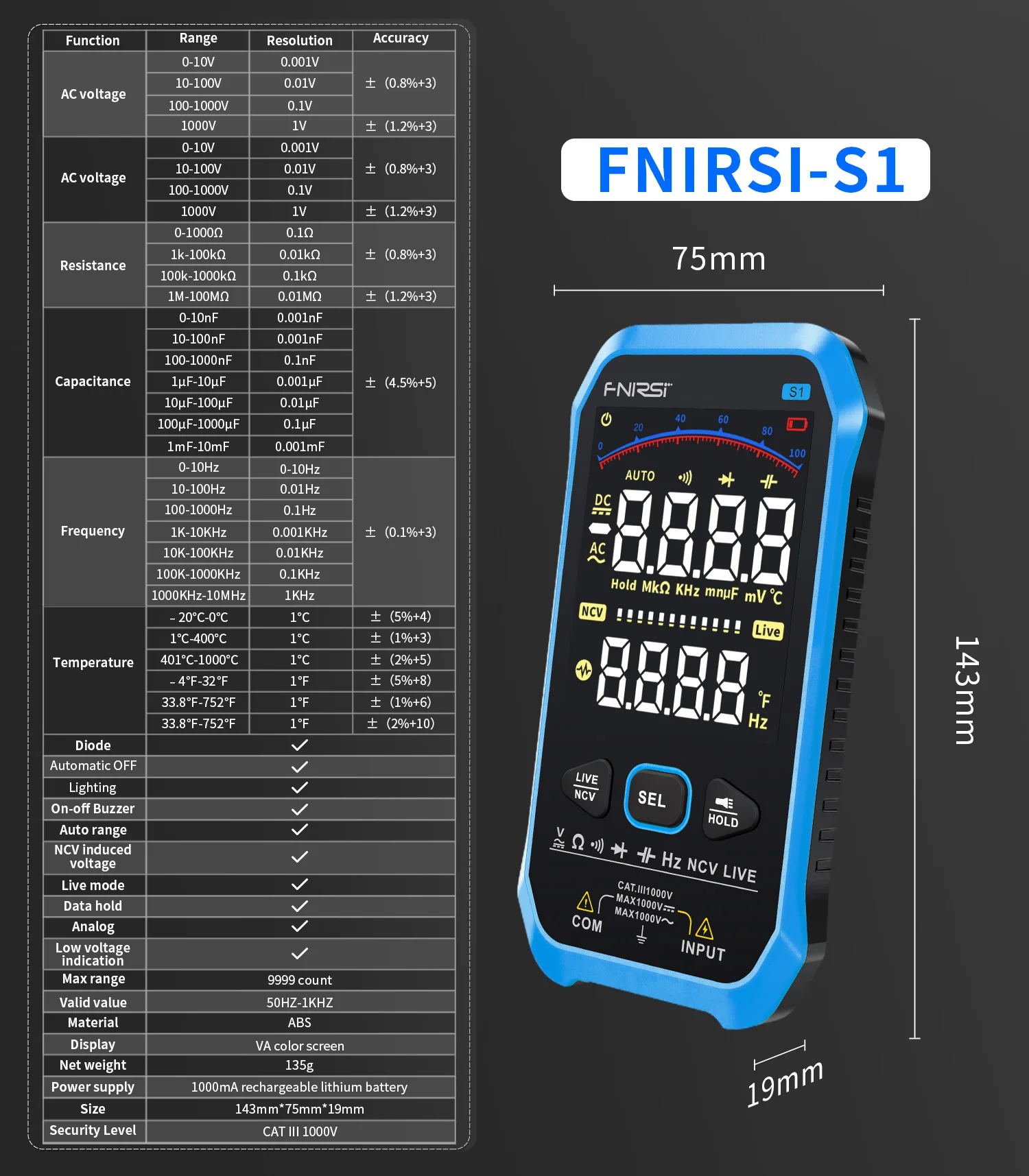 FNIRSI-S1 Digital Multimeter 9999counts AC DC Spannung Widerstand Kapazität Diode NCV Hertz Live Draht Tester Mit Thermoelement – Detail 13