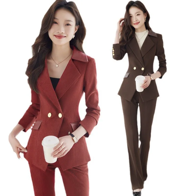 2024 Autumn New Corduroy Elegant Pant Suit Ladies Formal Business Work Wear 2 Piece Set Red Coffee Jacket Blazer And Trouser