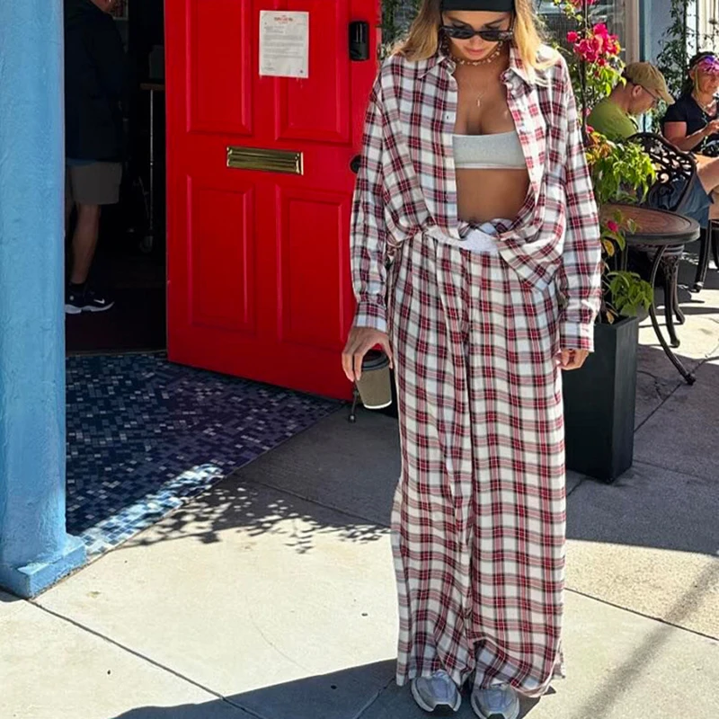 

Plaid Shirt Pants Outfit Spring Women Single Breasted Long Sleeved Blouse+High Waist Straight Wide Leg Pant Autumn Two Piece Set