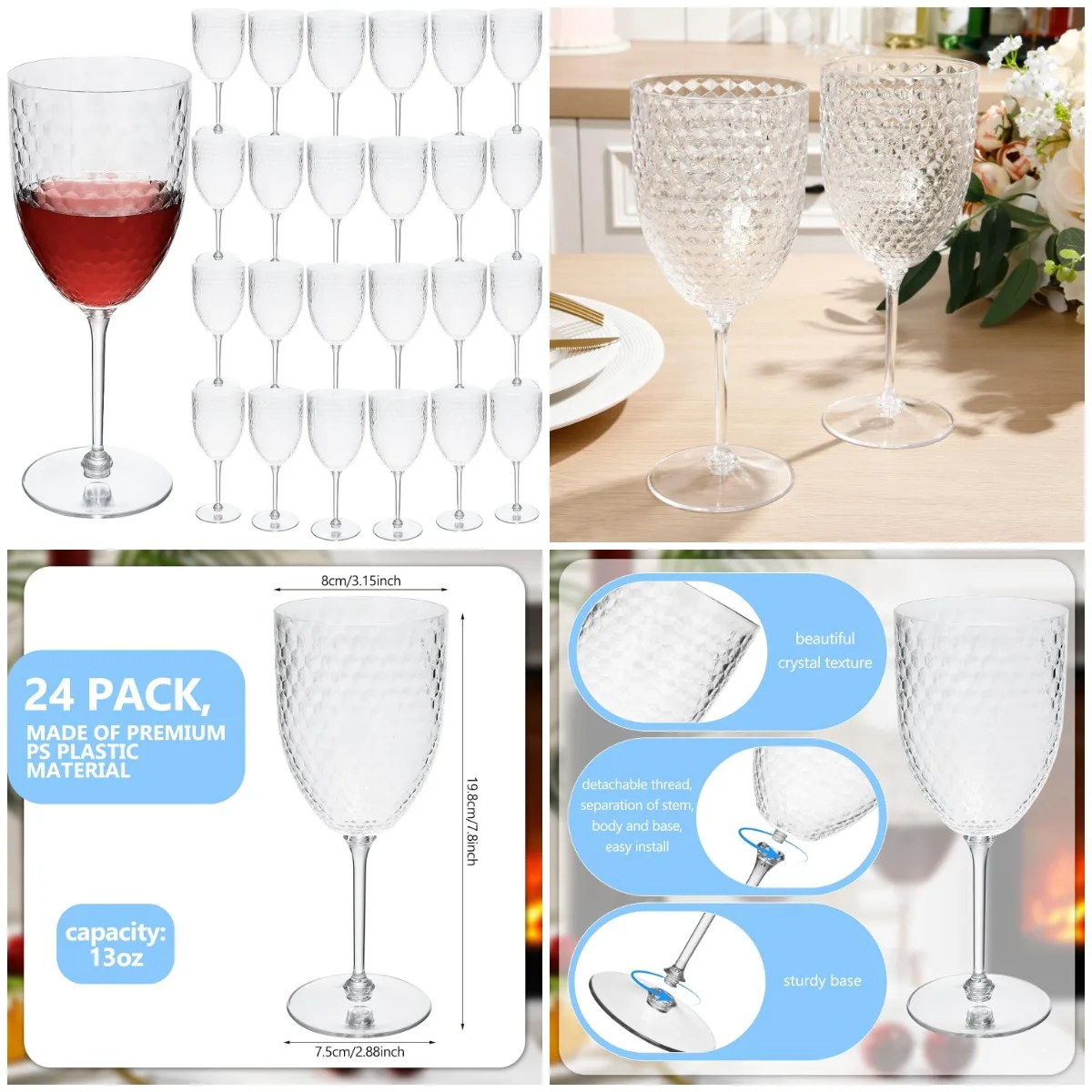 

24 Pcs 13oz Reusable Plastic Wine Glasses, Detachable Stem Champagne Flutes, Crystal Pink Goblets for Wedding, Christmas Party,