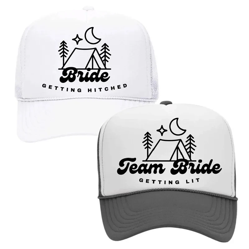 Getting Hitched Lit Camp Trucker Hat Camping Cabin Bachelorette hen party bridal shower wedding girls trip bride bridesmaid gift