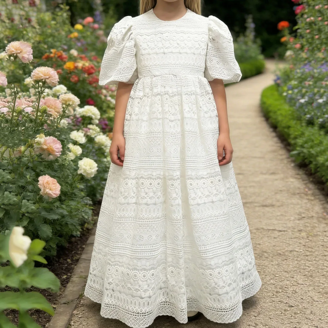 Customized Flower Girl Dresses White Floral Pattern Short Sleeve For Wedding Birthday Party Prom Ball Holy Communion Gown
