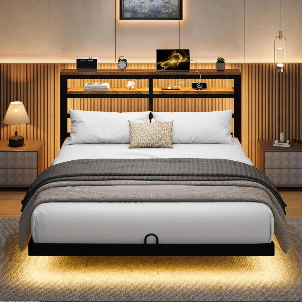 Floating Bed Frame Queen with LED Lights &USB Charging Station – Modern Platform Bed with 2 Tier Storage Headboard, Metal Slat S