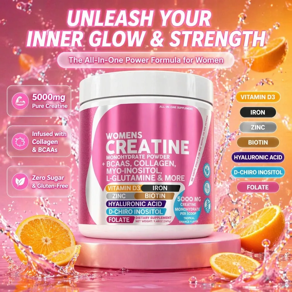 Creatina Monohidrato en Polvo para Mujeres 5000mg - Vitamina D3 Hierro Zinc Biotina Colágeno BCAAs Ácido Hialurónico Mio-Inositol