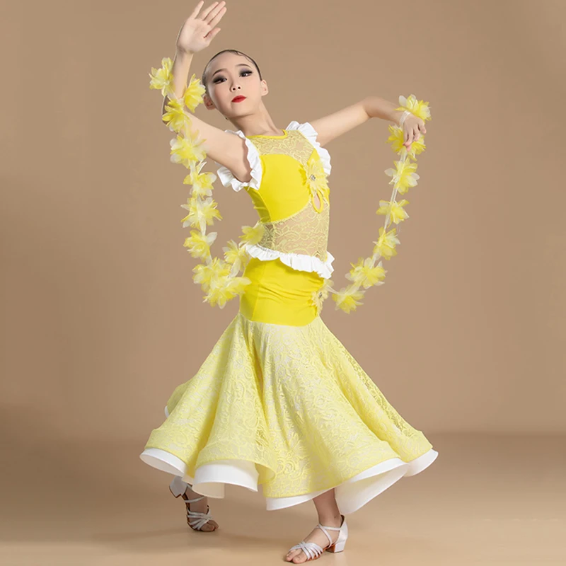 Standard Ballroom Dance Dress Yellow Waltz Competition Girl Sleeveless Long Dresses For Modern Dance Performance Summer VDL263