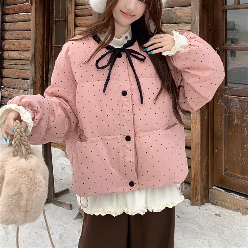 الحلو فتاة الوردي الأزرق البولكا نقطة قصيرة سترة موضة سترة سميكة جديد الشتاء المرأة س الرقبة لطيف القوس معطف فضفاض معطف دافئ غير رسمي #4