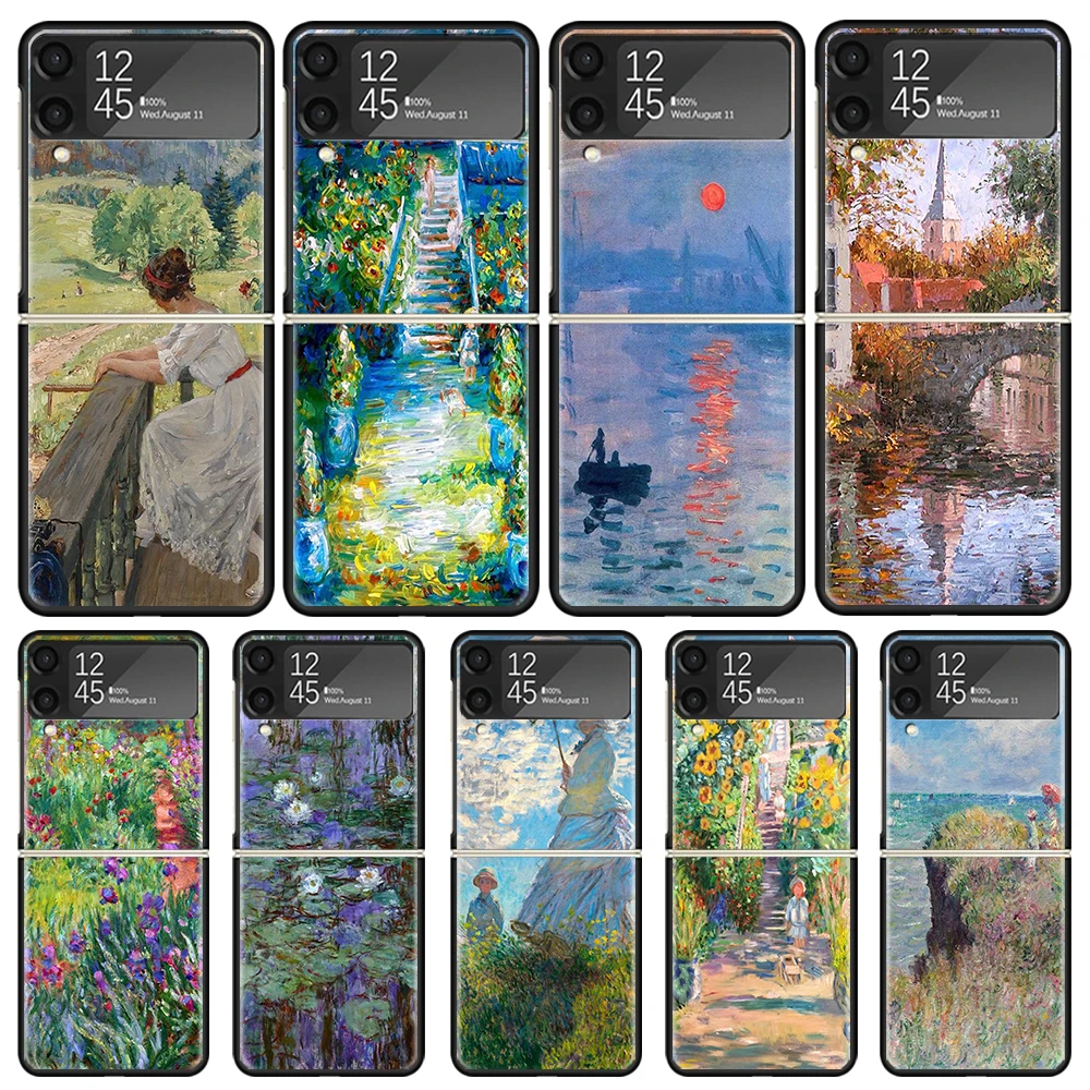 Claude Monet Garden Lotus Bridge Black Phone Cases for Samsung Z Flip 7 6 5 4 3 Luxury Galaxy ZFlip7 ZFlip6 Flip5 Flip4 Flip3 Sh