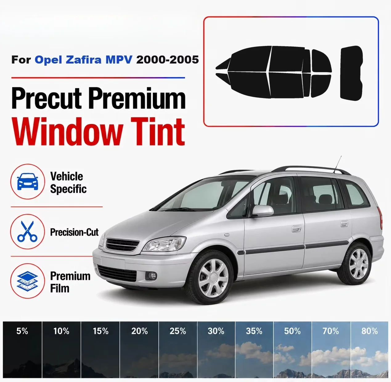 Premium Precut Window Tint Kit Front Rear Windows Rear Windshield For Opel Zafira MPV 2000-2005 Complete Set Nano Ceramic Film