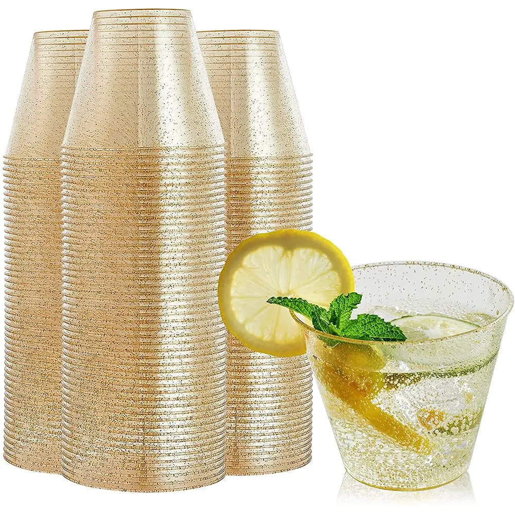 Gold Plastic Cups Clear Plastic Wine Glasses Fancy Disposable Hard Plastic Cups with Gold Glitter for Party Cups 25Pcs