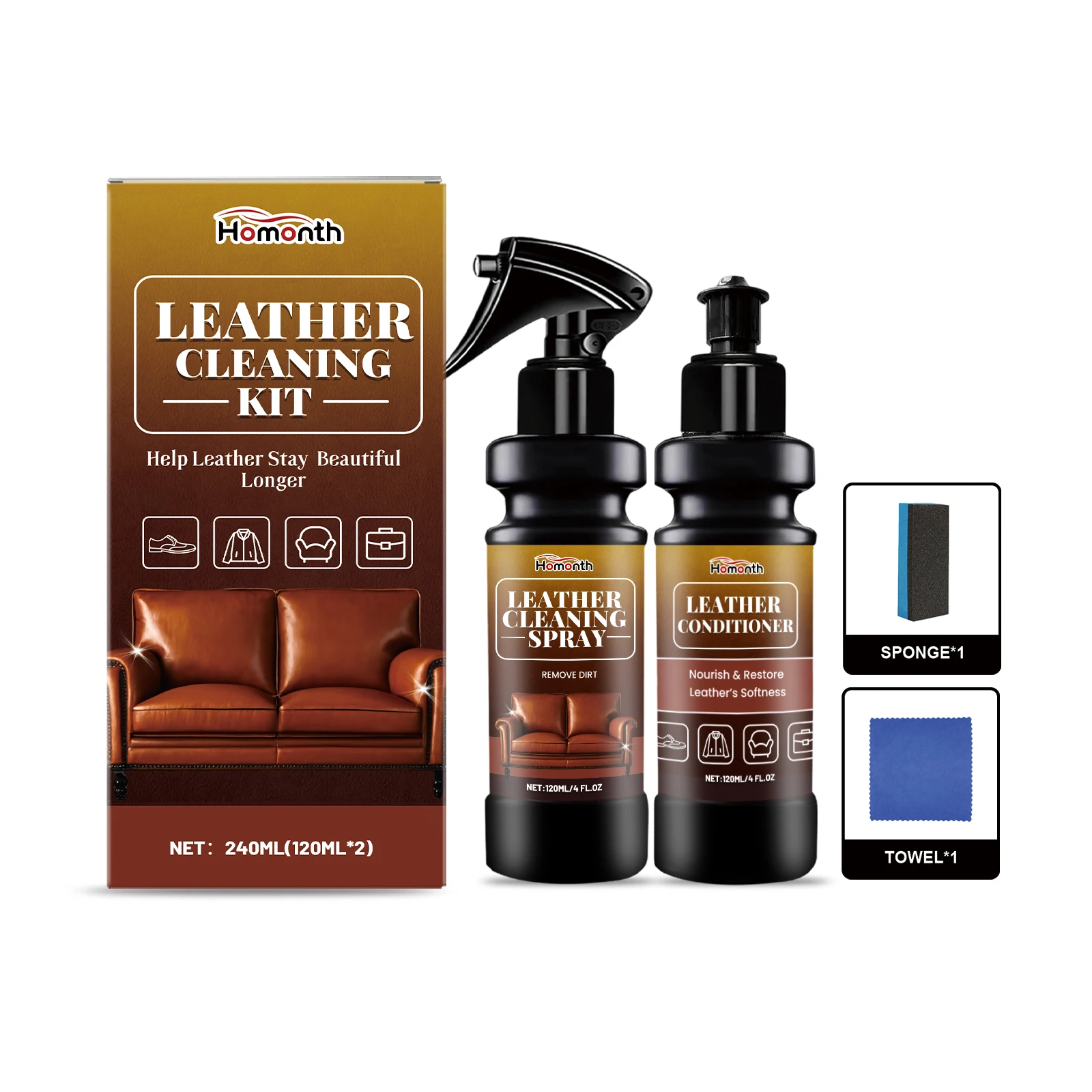Kit nettoyant et revitalisant pour cuir, ensemble de crème nourrissante à pulvérisation profonde pour une douceur et une brillance avec prévention des fissures, comprend une éponge