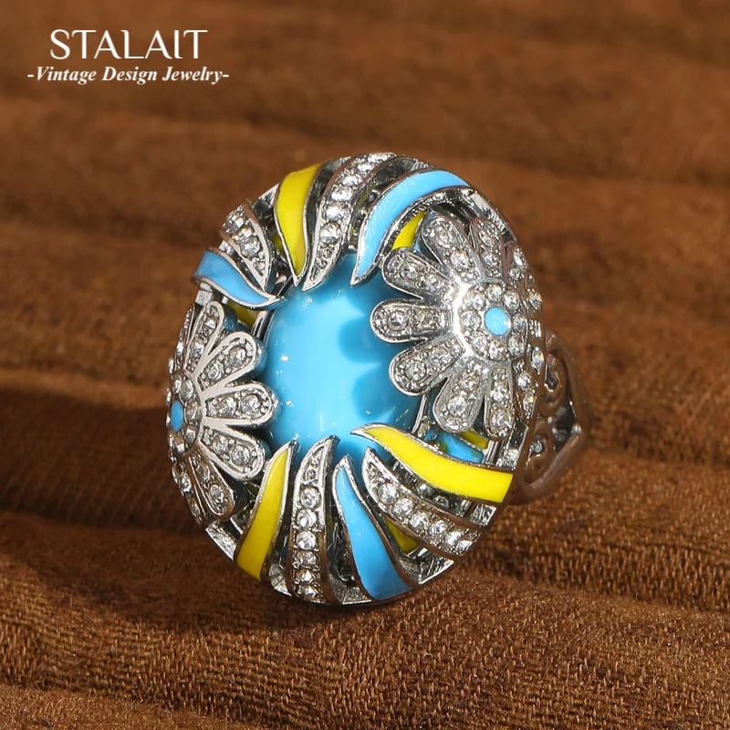 

Vintage Blue Stone Sunflower Rings For Woman Rhinestone Valentine Day Luxury Designer Jewelry Silver Color Accessories New In
