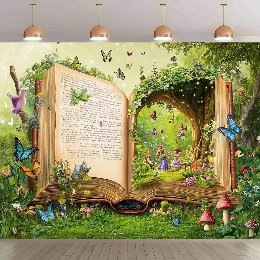 Magischer Wald öffnet Buch Thema Geburtstag Party Banner Hintergrund, Märchen Schmetterling Blume Party Dekoration Fotografie Hintergrund