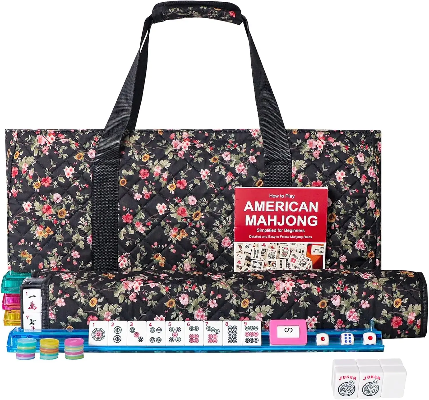 

American Mahjong Game Set, 166 Premium White Tiles, 4 All-in-One Color Rack/Pushers, Complete Mahongg Tile Set，Flower Printed Ca