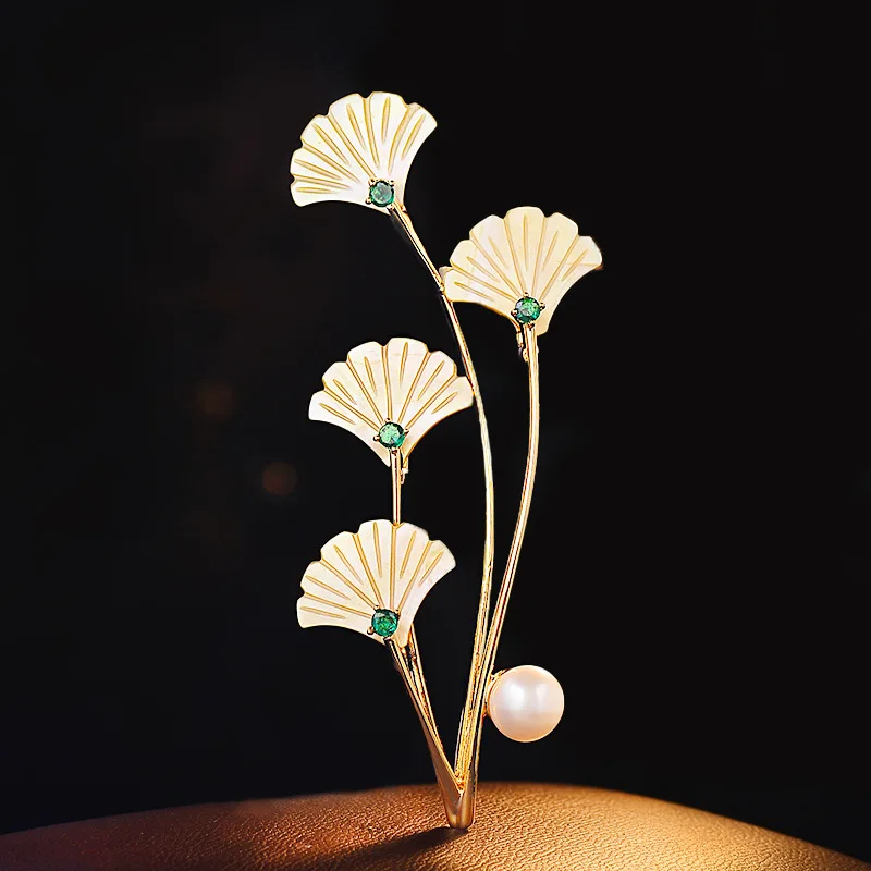 OKILY Natural Yellow Fritillary Ginkgo Biloba Brooches Freshwater Pearl Temperament Corsage for Women Clothing Pins and Broche