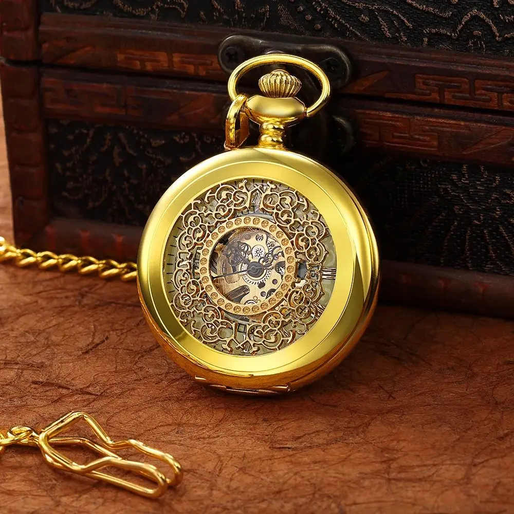 New Retro Luminous Hand Wind Mechanical Pocket Watch FOB Chain Pendent Hollow Flip Cover Steampunk Skeleton Men Women Clock