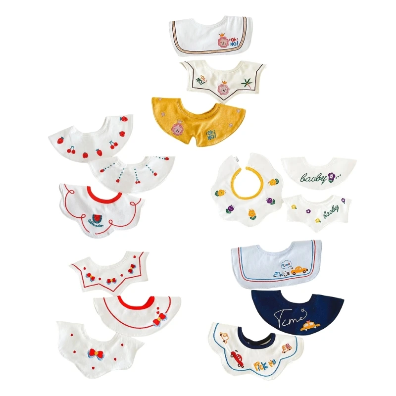 3 Pieces Embroidery Cartoon Pattern Cotton Bibs Newborn Toddler Drooling Apron