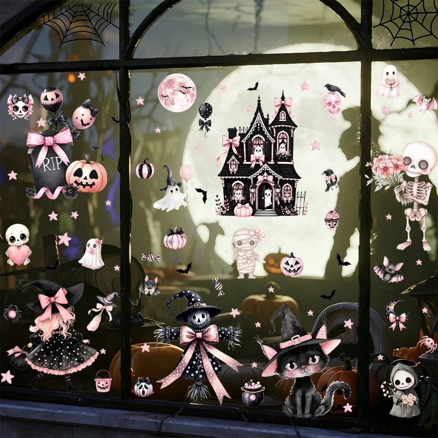 Niedliche Rosa Halloween-Fensteraufkleber, Beidseitig Ohne Klebstoff für Kinderfreundliche Halloween-Party-Dekoration