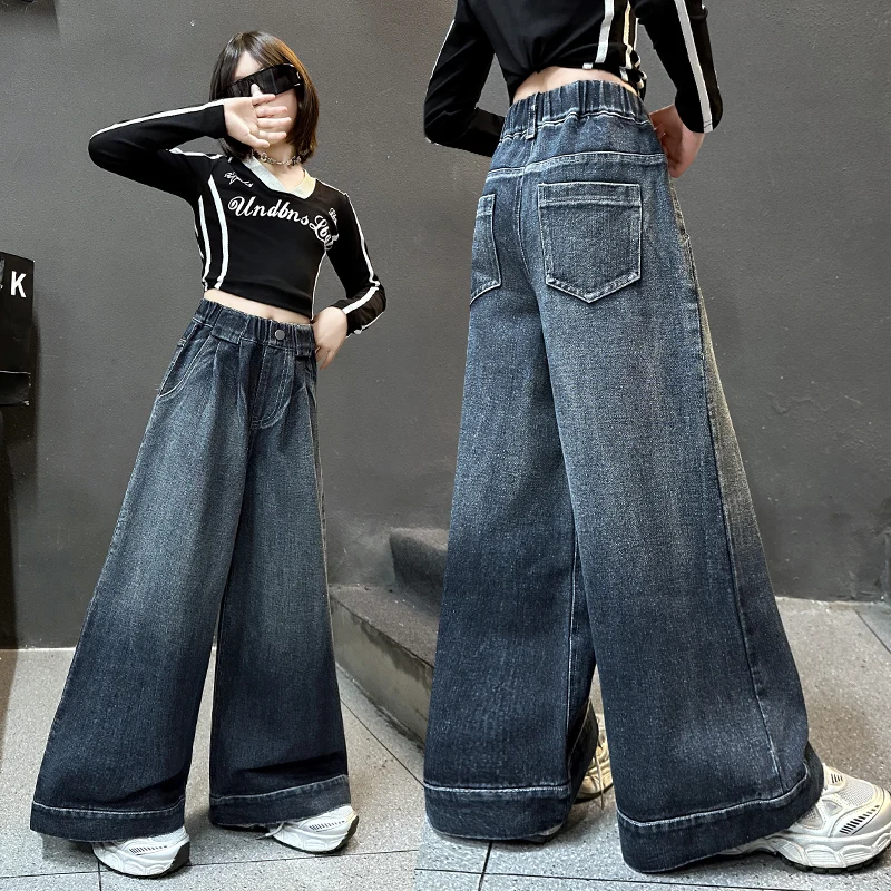 

Fashion Girls Wide Leg Pants Jeans New Spring Autumn Kids Tie-Dye Blue Denim Trousers Girl Loose Jeans Children School Clothes