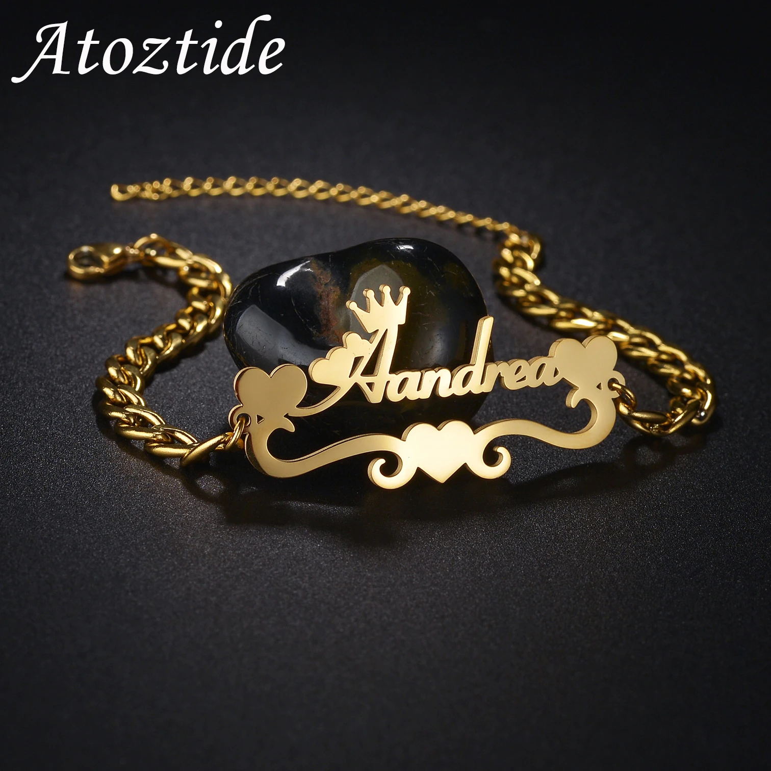 Atoztide Personalized Custom Name Star Heart Bracelet Thick Chain for Women Stainless Steel Bangle Birthday Jewelry Gift 