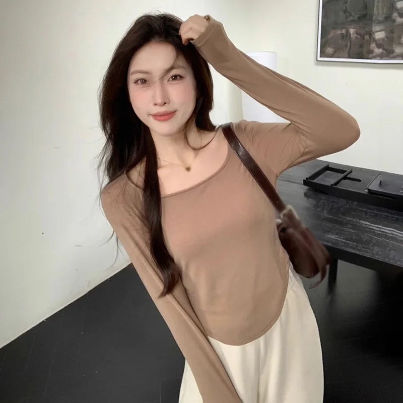

Women's Korean Version Of Square Neck Irregular Casual Fashion Slim Long Sleeve T-shirt Undershirt