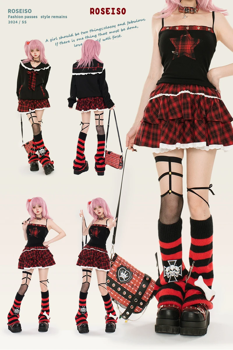 Japanese Subculture Highstreet Punk Style Sweet Cool Girl Y2K Skirts Elastic High Waist Lace Splicing Red Plaid Cake Skirt Woman