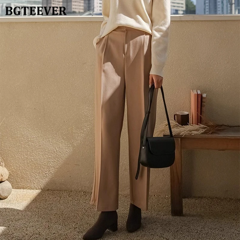 BGTEEVER Autumn High Waist Ladies Wide Leg Trousers Vintage Loose Pockets Straight Women Pants