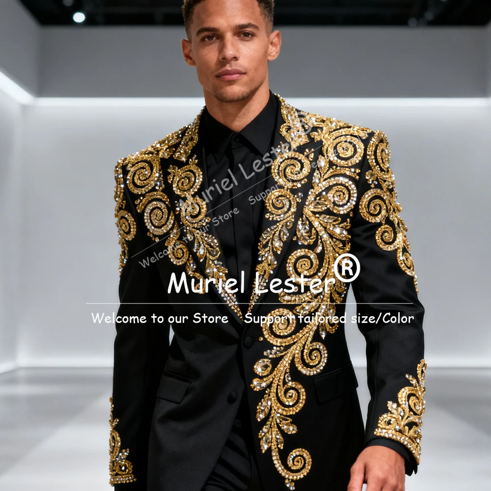 

Luxury Beaded Stones Suits Men For Wedding 2 Pieces Sets Single Breasted Jacket Pants Customized Groom Tuxedos Costume Homme