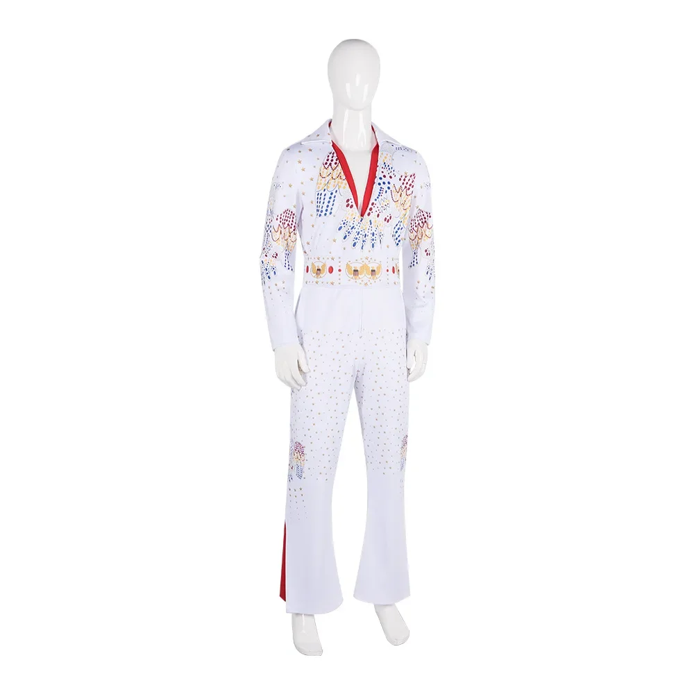 Film Presley przebranie na karnawał Diamond Rock Singer Cosplay dorosłe dzieci biały kombinezon z nadrukiem garnitury kostium na Halloween