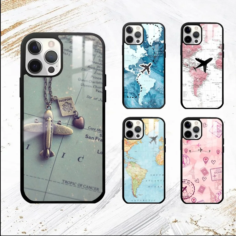 World Map Travel Phone Case For iPhone 16 15 14 13 12 11 Pro Max Plus Mini PC Fashion High Quality mirror phone case