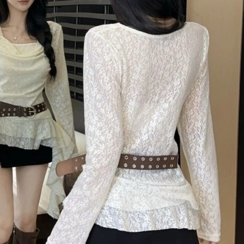 Y2k Clothes T Shirt For Woman Solid Spring Autumn Irregular Ropa De Mujer Vintage Swing Collar Sexy Fashion Tees