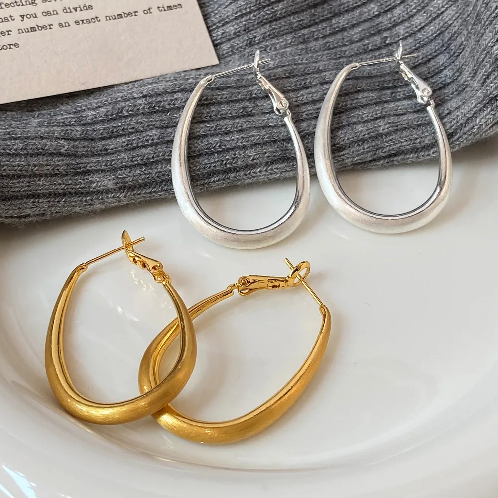 

Geometric Elliptical Brushed Earrings for Women 925 Silver Neddle Big Oval Hoop Earrings Exaggerated Jewelry Accessories