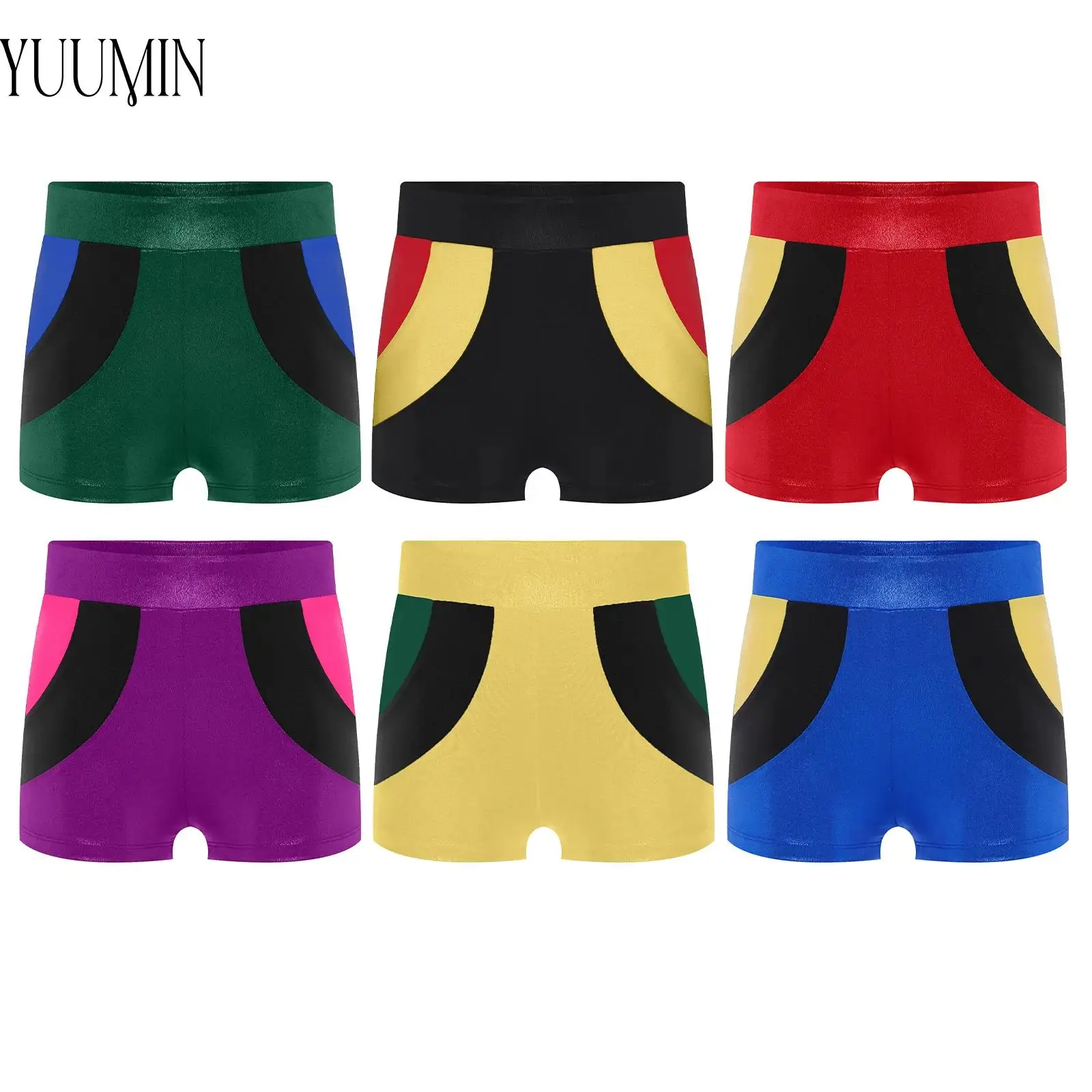 

Children Kids Girls Color Block Shiny Stretchy Wide Waistband Close-Fitting Short Bottoms for Gymnastics Dance Yoga Dance Sports