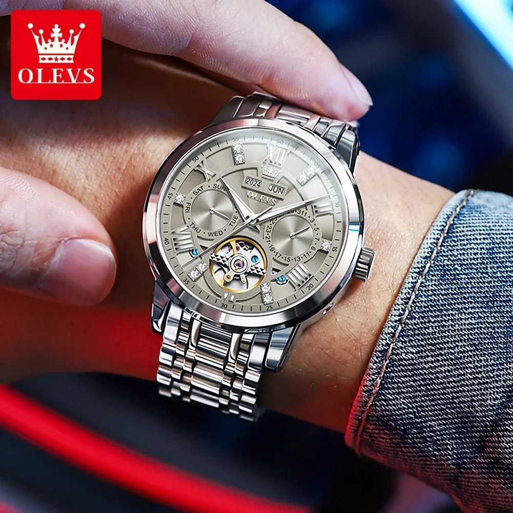 OLEVS Original Men's Watches Skeketon Flywheel Automatic Mechanical Wristwatch for Man Waterproof Luminous Perpetual Calendar