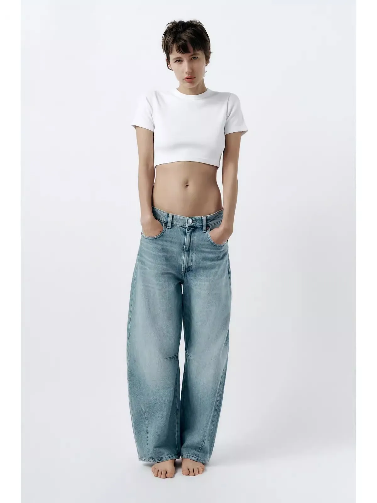 Frühling 2024, lockere Boyfriend-Jeans mit Ballon-Denim, mittlere Taille, gerades Bein, lange Hosen, reine Farbe, hohe Taille