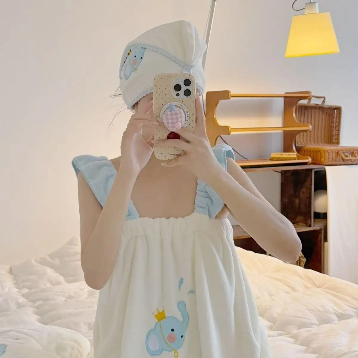 

Cute Elephant Bath Robe Quick Dry Absorbent Embroidered Bath Towel Hair Drying Cap Home Use Coral Fleece Polyester Nylon