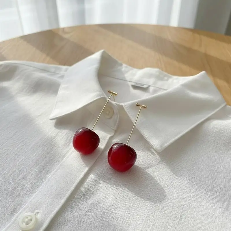 Ladies Fashion Red Cherry Earrings Delicate Sweet Fruit Drop Dangle Style for Office Wear Casual Gathering Gift