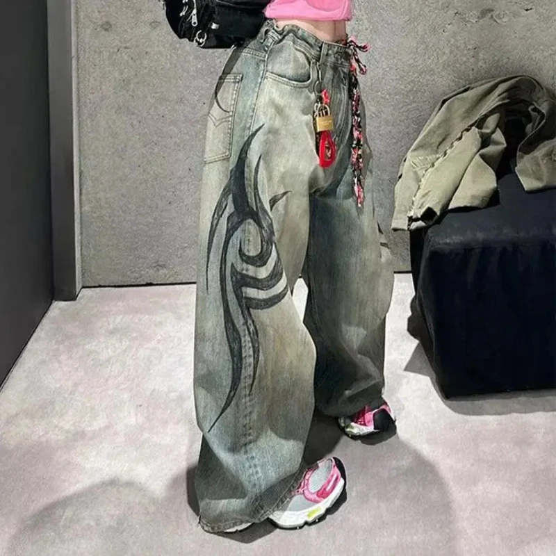 

Women's retro laundry jeans Y2K printing pattern casual stylish stylish hip-hop hip-hop girl wide leg pants man and woman
